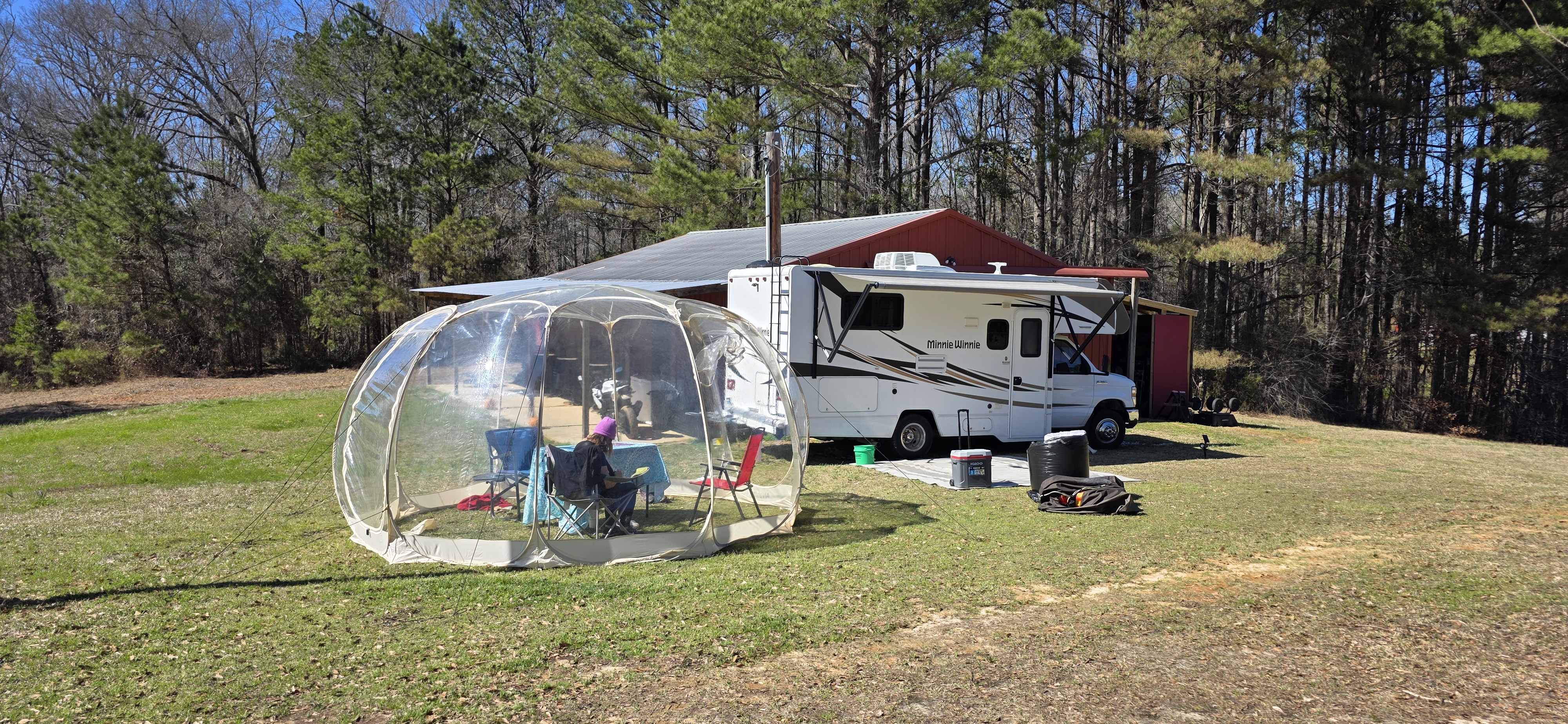 RV and bubble tent near the barn at The Pearl
