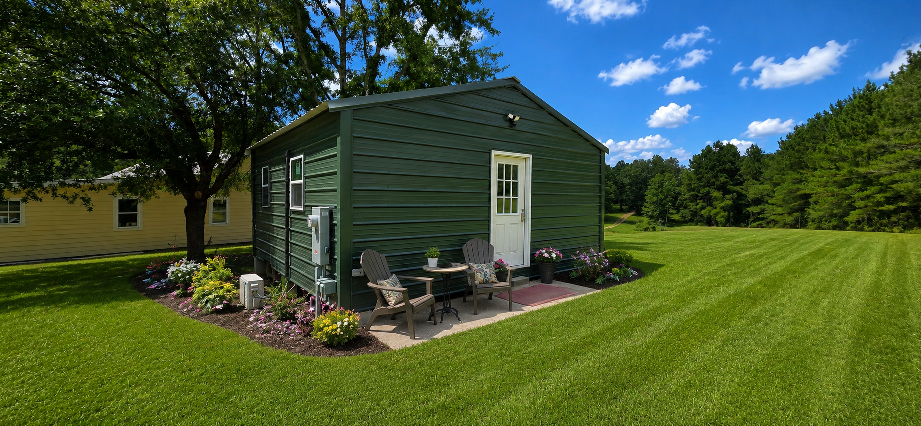 Finished green tiny home at The Pearl